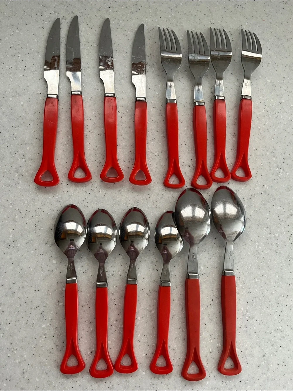 Vtg IIC Stainless Japan Red Handle Flatware 4 Settings 2 Serving Spoons *READ*